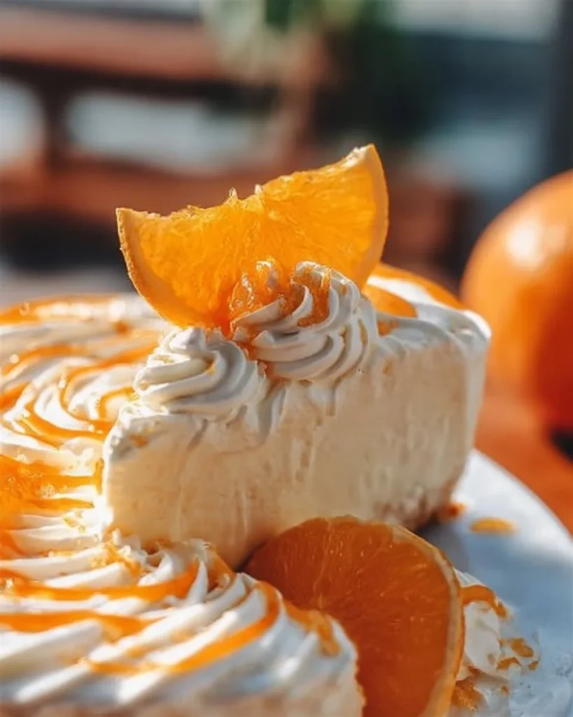 No-Bake Orange Creamsicle Cheesecake slice on a plate