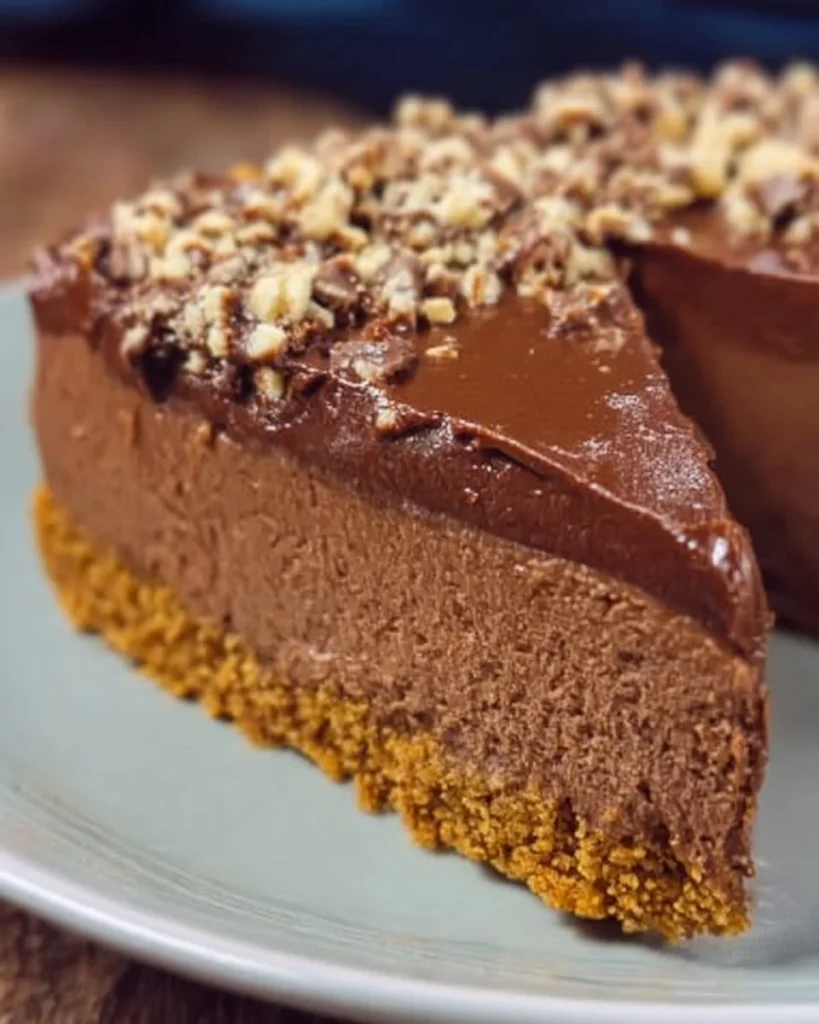 Delicious Nutella cheesecake with chocolate drizzle and hazelnuts on top