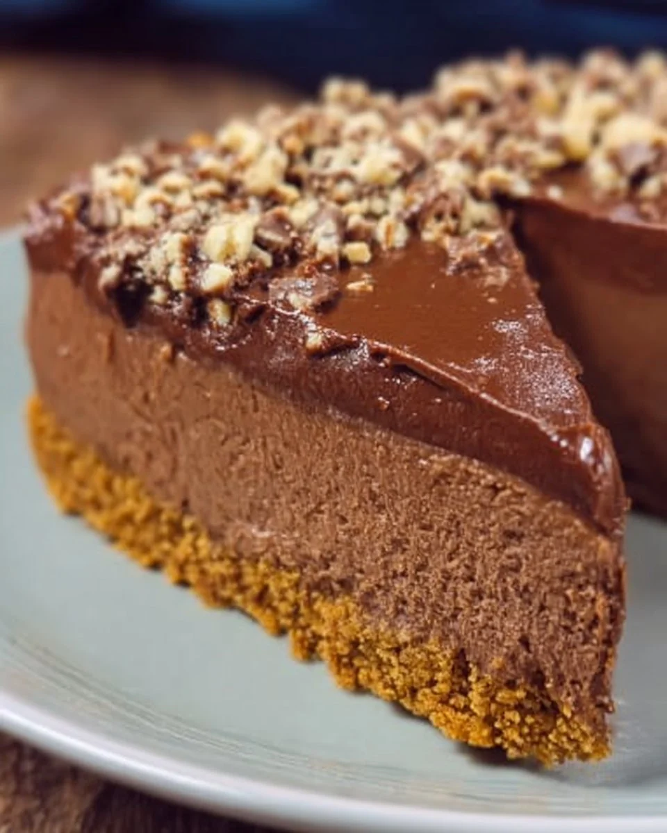 Delicious Nutella cheesecake with chocolate drizzle and hazelnuts on top