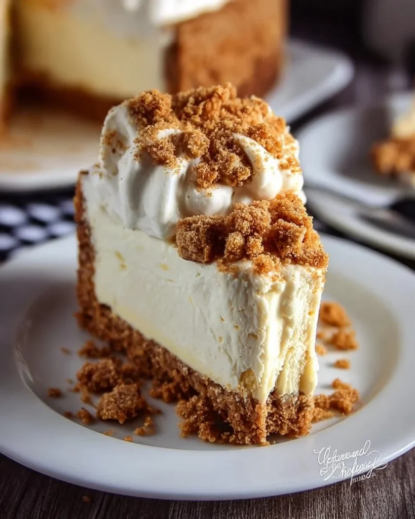 Delicious slice of Oatmeal Cream Pie Cheesecake topped with whipped cream and cookie crumbles.
