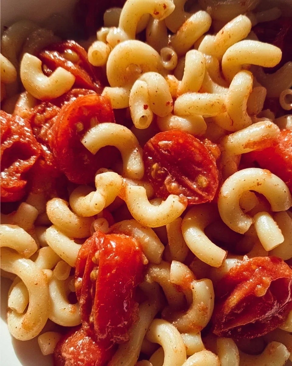 Bowl of old fashioned macaroni and tomatoes
