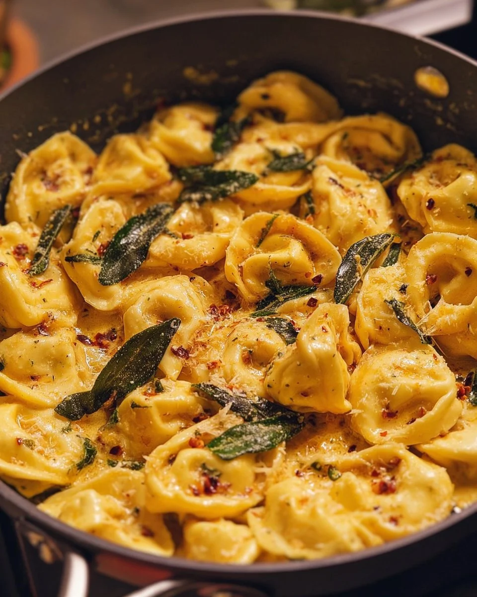 Creamy brown butter tortellini garnished with fresh herbs in a pan.