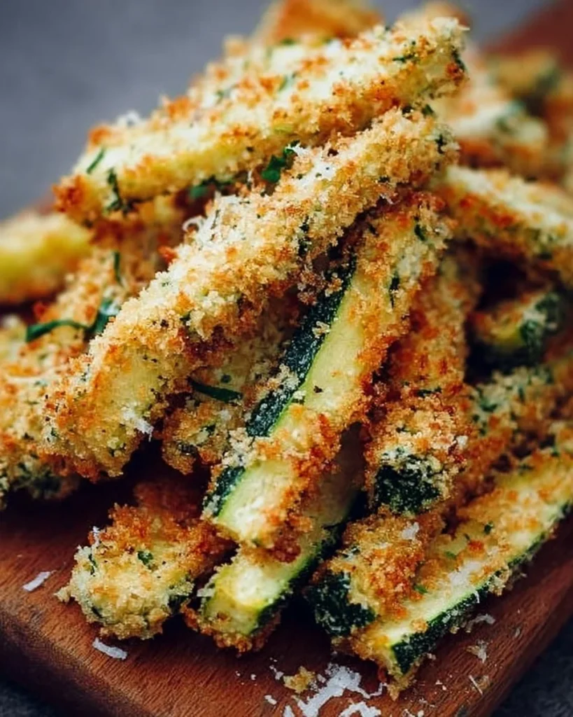 Plate of crispy Parmesan Zucchini Fries garnished with herbs.