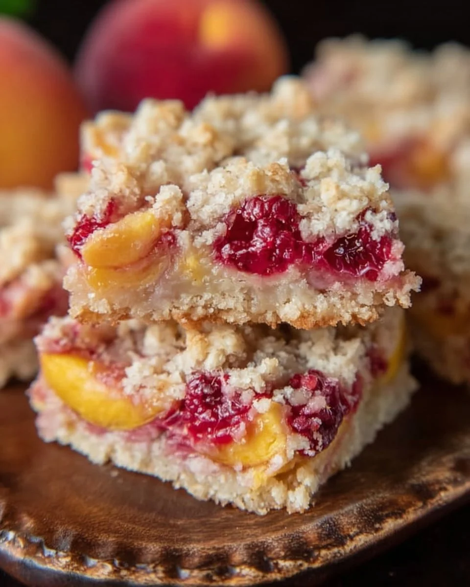 Delicious peach raspberry crumb bars with a crumbly topping and vibrant fruit filling