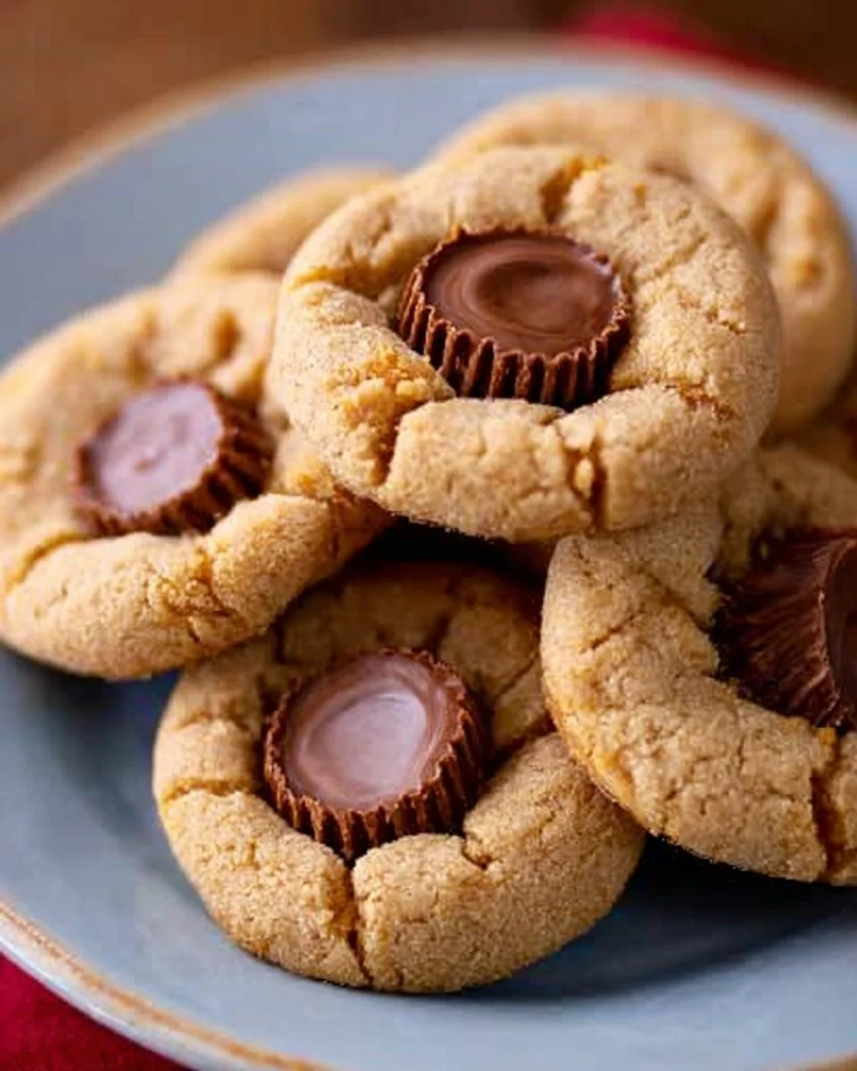 Delicious Peanut Butter Cup Cookies topped with chocolate and peanut butter