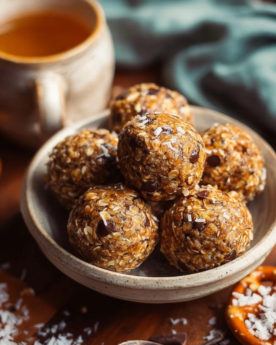 Peanut Butter Pretzel Energy Bites stacked on a plate