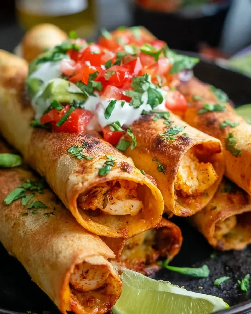 Delicious Pepper Jack Chicken Taquitos served with salsa dipping sauce.