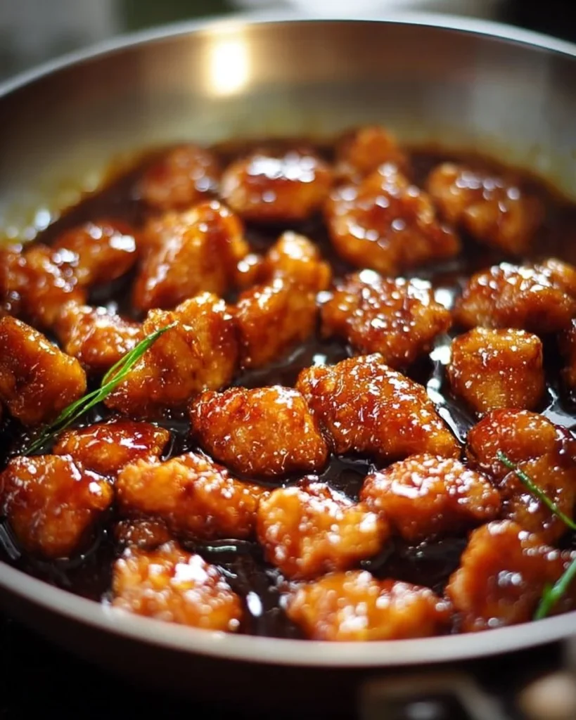 Delicious plate of perfect honey chicken with a glossy glaze and garnished with sesame seeds.