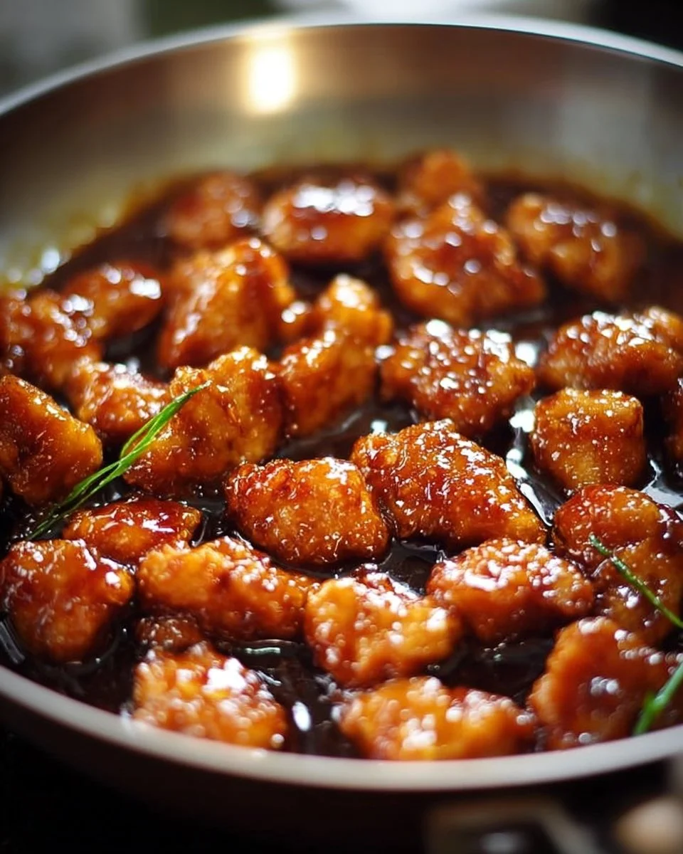 Delicious plate of perfect honey chicken with a glossy glaze and garnished with sesame seeds.
