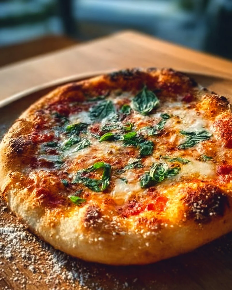 Homemade perfect Margherita Pizza with fresh basil, mozzarella cheese, and tomato sauce