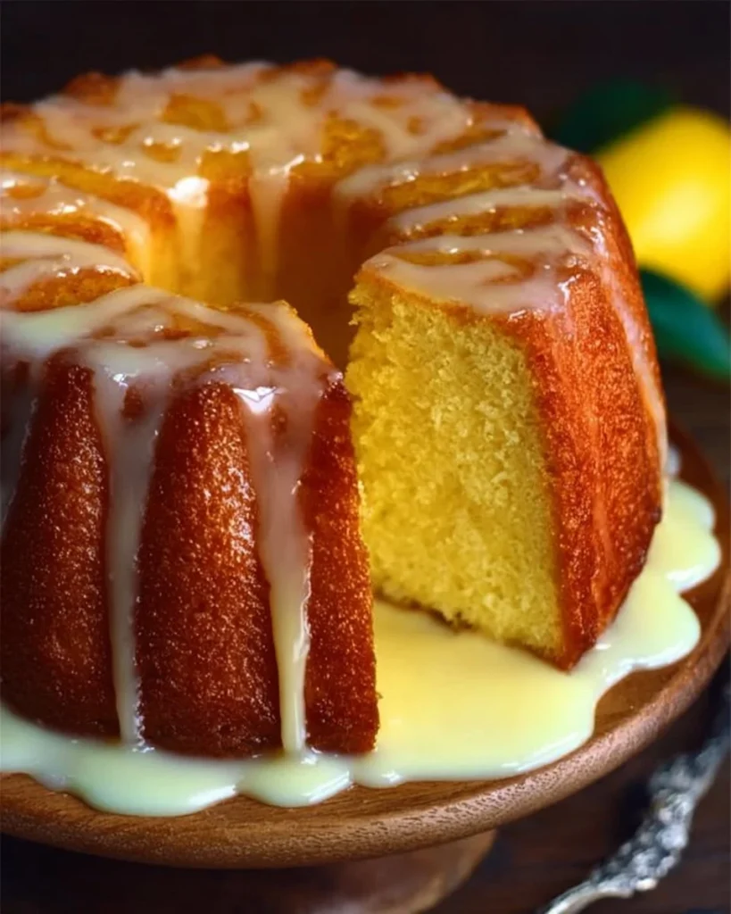 Perfectly moist Meyer lemon cake topped with lemon glaze and fresh lemon slices.