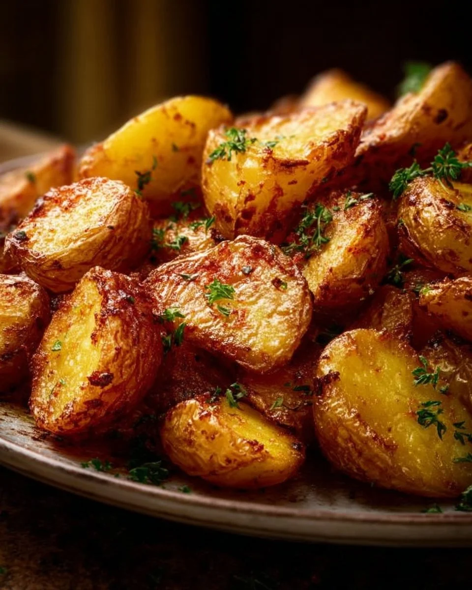 Deliciously seasoned oven roasted potatoes on a serving platter