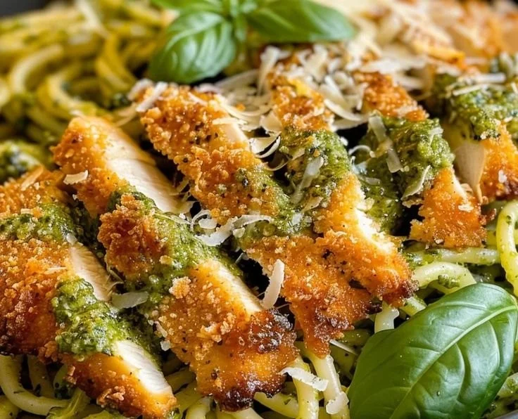 Pesto pasta with crispy Parmesan chicken, a flavorful and satisfying dish.