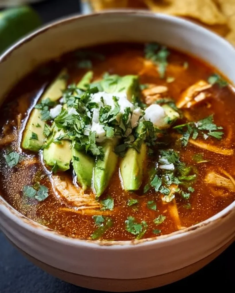 Bowl of Poblano Chicken Tortilla Soup garnished with cilantro and tortilla strips
