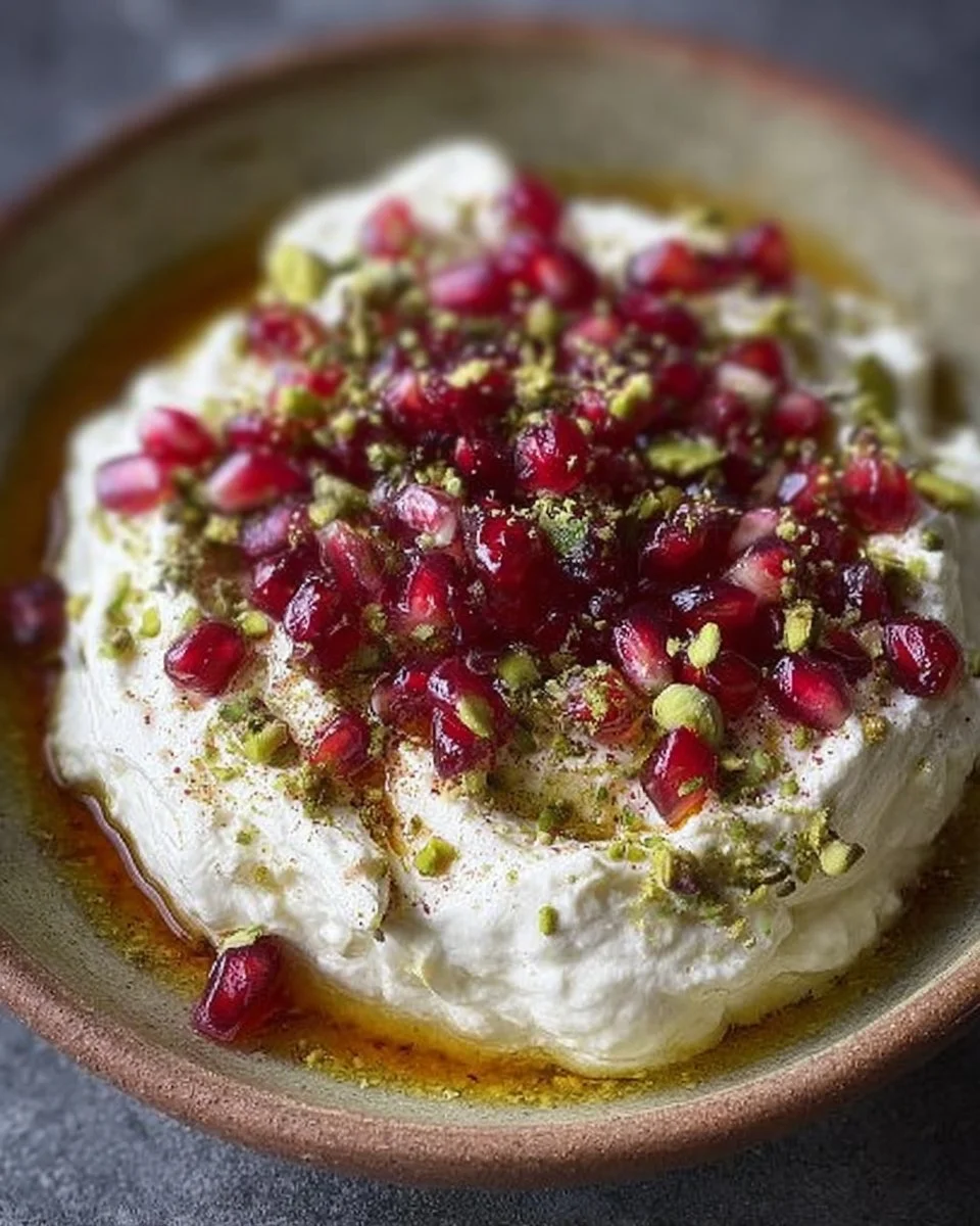 Pomegranate Pistachio Whipped Feta served in a bowl with a drizzle of olive oil.