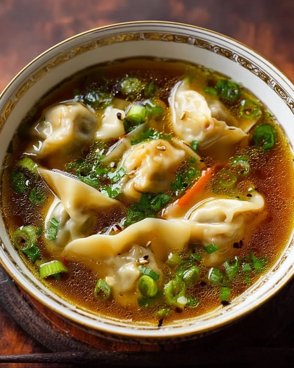 A bowl of steaming Potsticker Soup with dumplings and green onions on top.