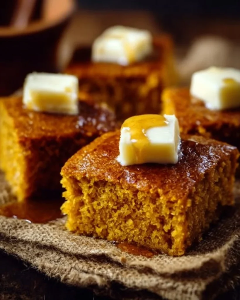 Warm Pumpkin Cornbread topped with Cinnamon Honey Butter on a wooden plate