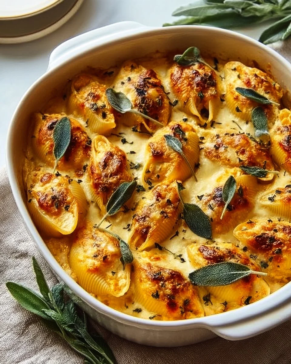 Pumpkin and gouda stuffed shells topped with brown butter and sage alfredo sauce