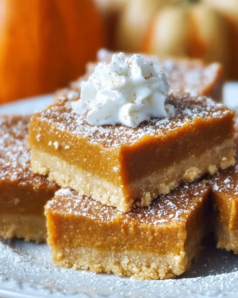 Delicious pumpkin pie bars with a buttery shortbread crust on a plate