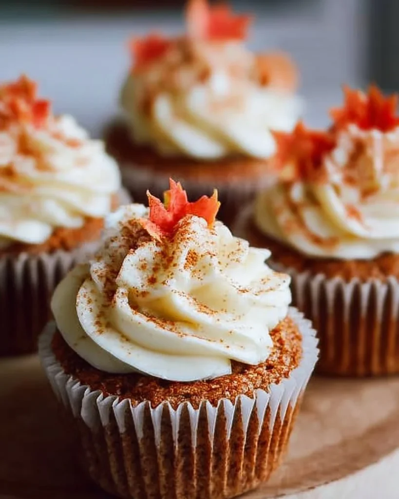 Delicious pumpkin spice cupcakes topped with creamy frosting and autumn spices