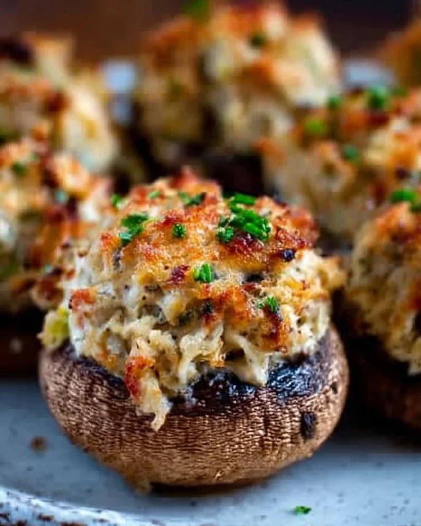 Delicious crab stuffed mushrooms topped with creamy cheese, perfect appetizer!