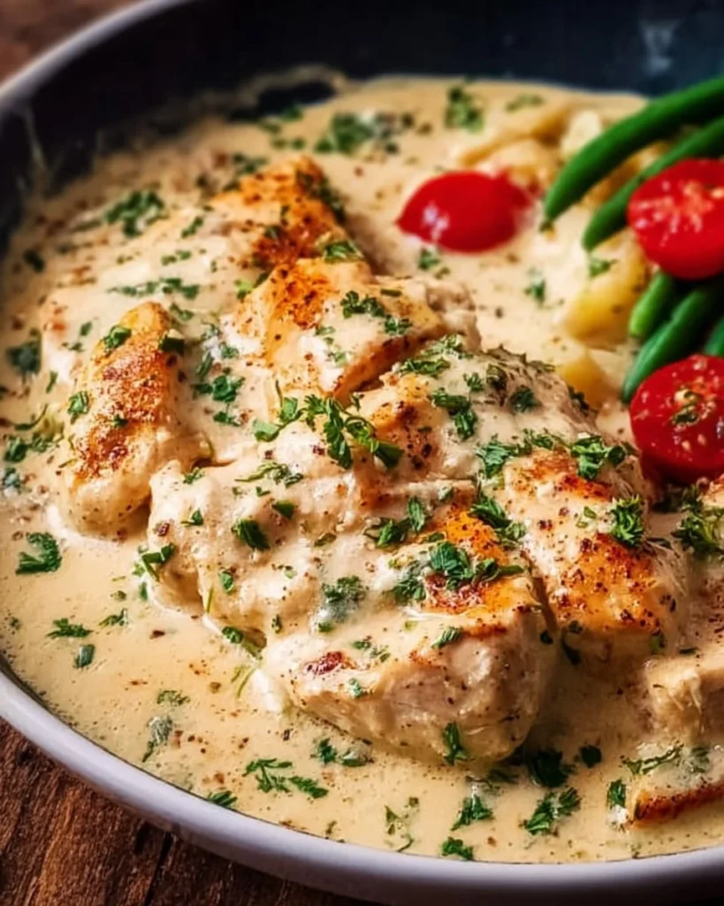 Quick creamy ranch chicken skillet served with vegetables for a easy weeknight dinner.