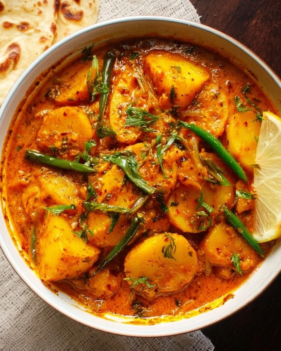 Delicious quick and easy potato curry served in a vibrant bowl