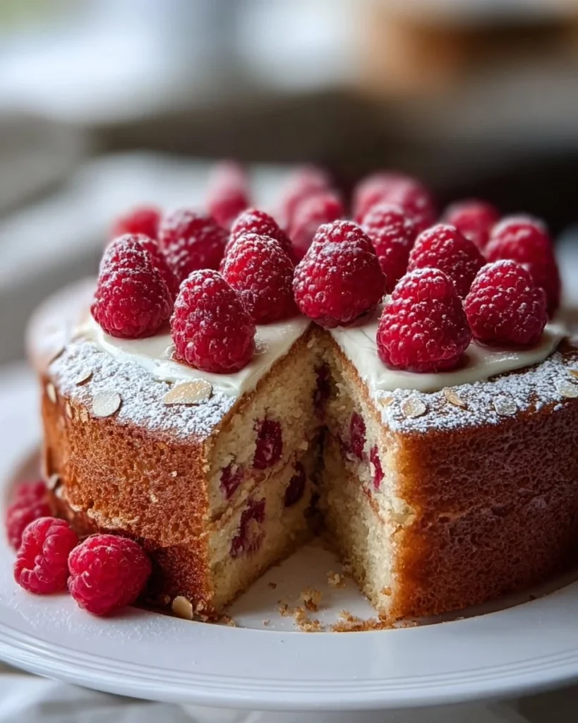 Slice of Raspberry Almond Cake topped with fresh raspberries and almonds.