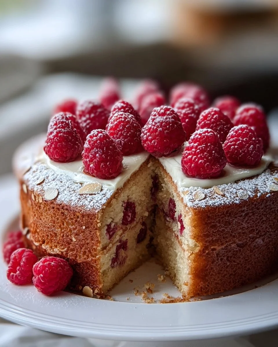 Slice of Raspberry Almond Cake topped with fresh raspberries and almonds.