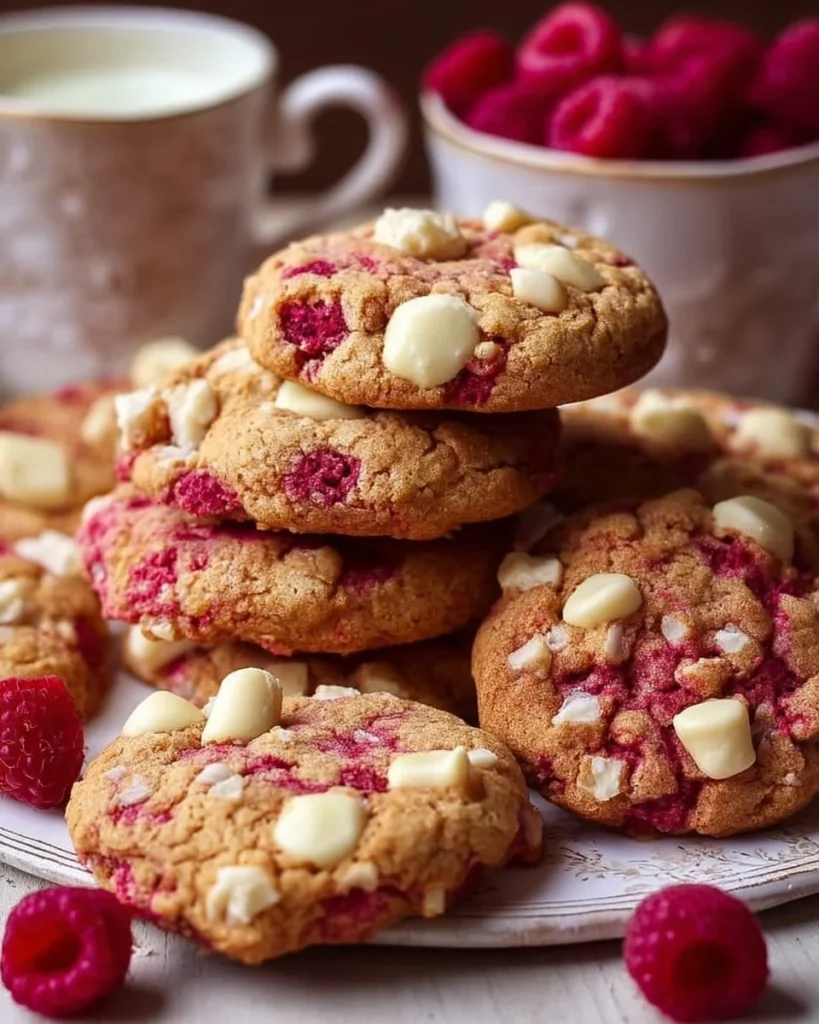 Delicious raspberry cookies with white chocolate chips on a cooling rack.