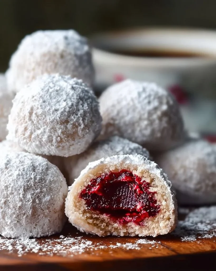 Raspberry filled almond snowball cookies dusted with powdered sugar