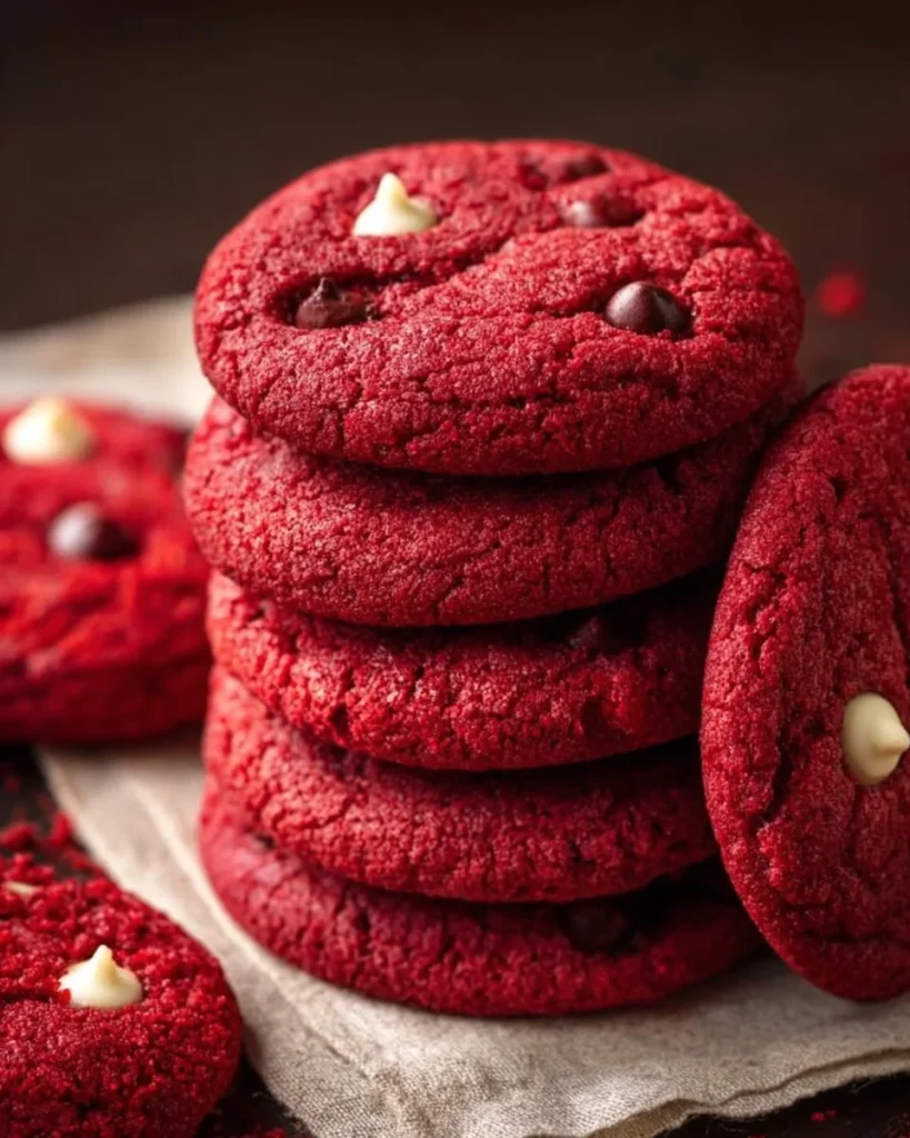 Freshly baked red velvet cookies with creamy frosting on top