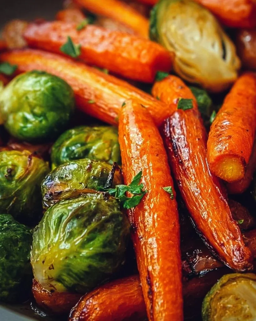 Dish of roasted maple glazed carrots and Brussels sprouts on a wooden table
