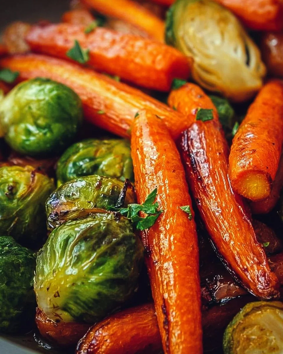 Dish of roasted maple glazed carrots and Brussels sprouts on a wooden table
