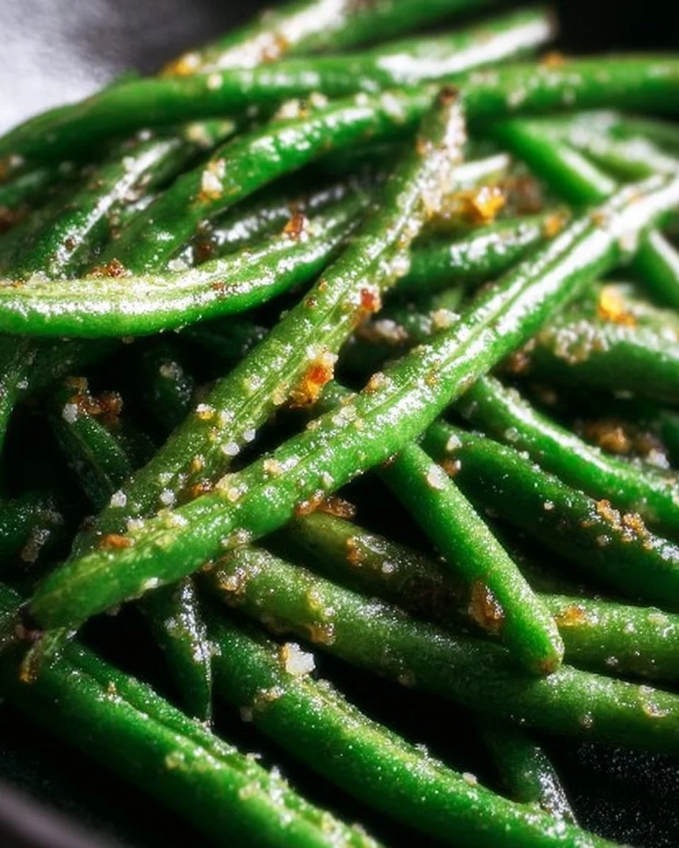 Plate of roasted green beans with Parmesan cheese sprinkled on top