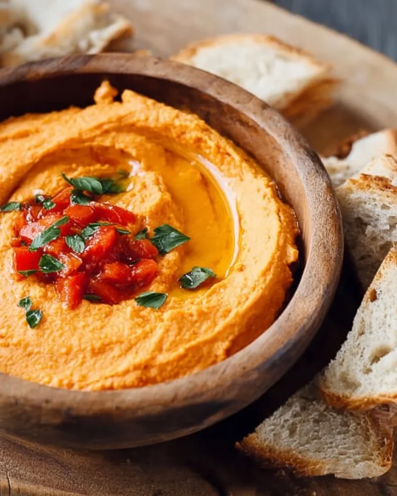 Bowl of roasted red pepper hummus with pita chips and fresh vegetables