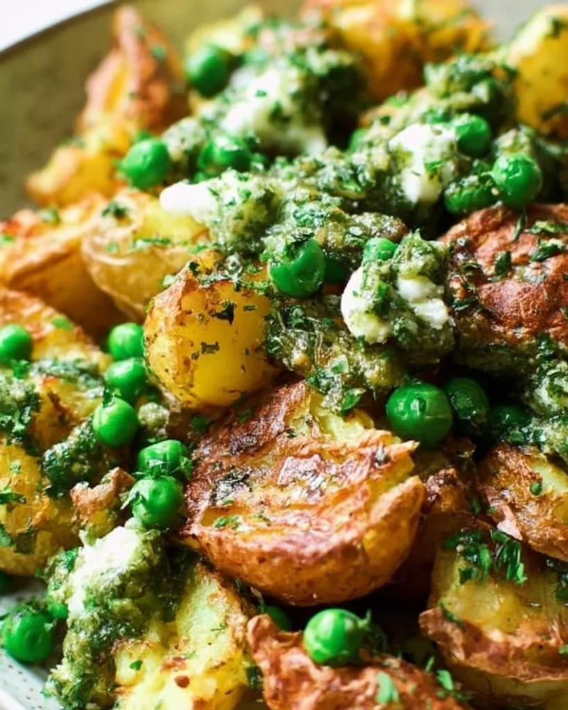 Delicious roasted smashed potatoes served with fresh peas
