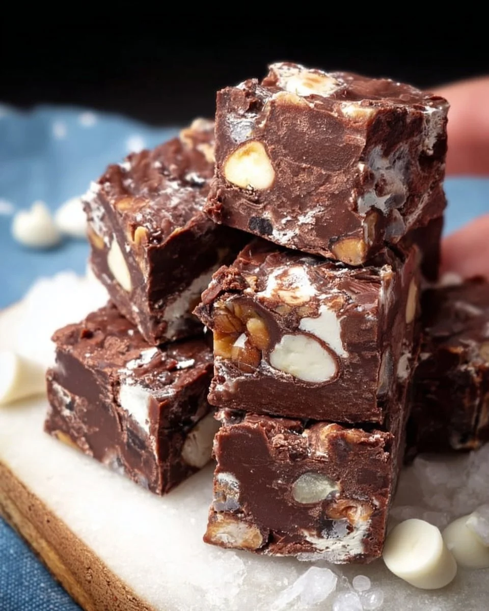Delicious homemade Rocky Road Fudge with chocolate, marshmallows, and nuts