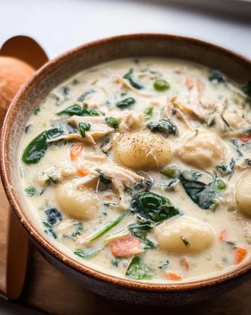 Bowl of Rotisserie Chicken Gnocchi Soup with fresh herbs and crispy chicken