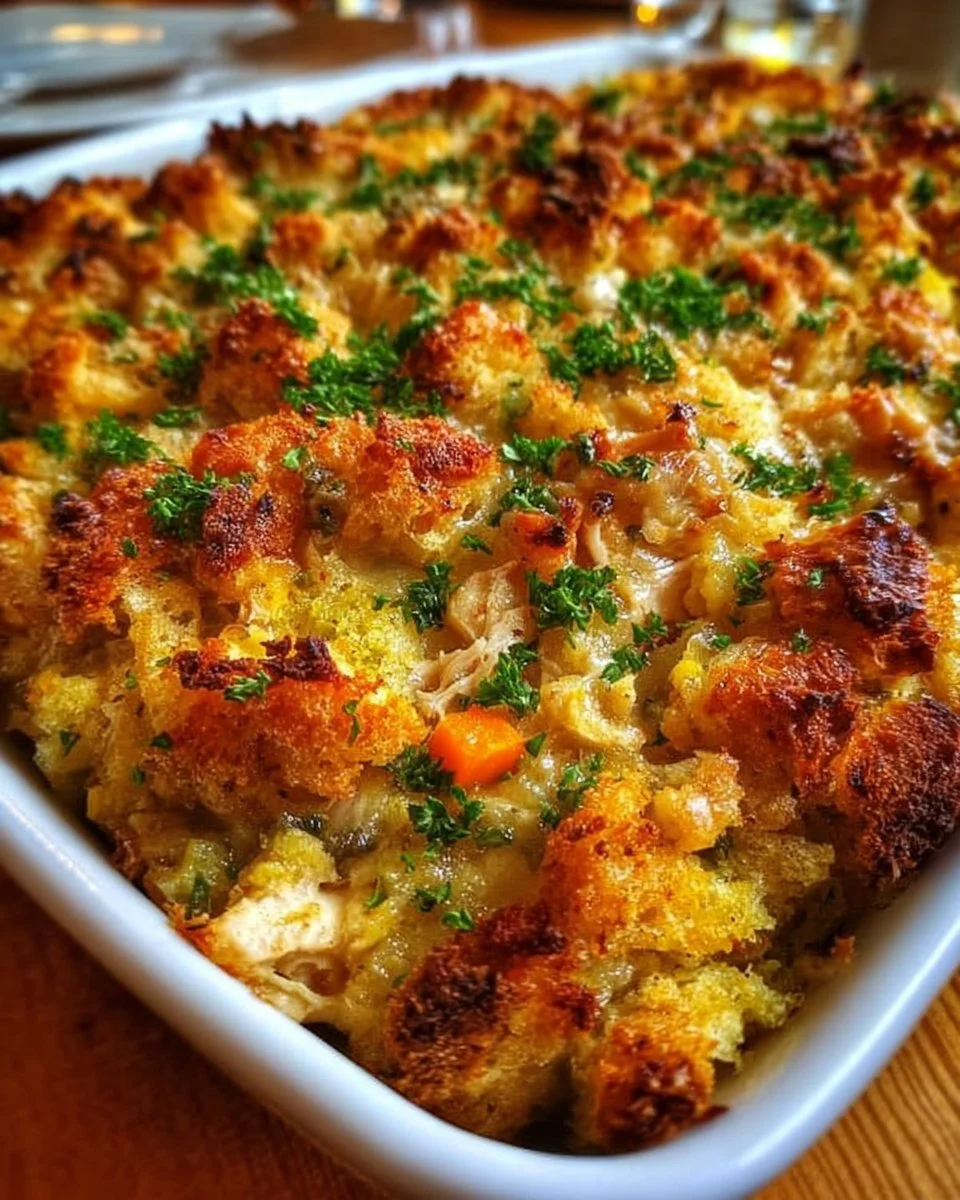 Delicious rotisserie chicken stuffing casserole served in a baking dish