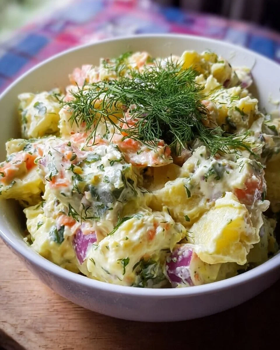 Delicious bowl of traditional Russian Potato Salad (Olivier Salad) garnished with herbs.