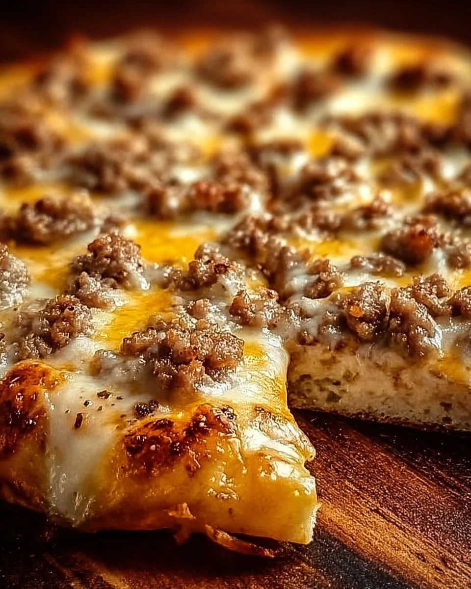 Sausage gravy breakfast pizza topped with cheese and herbs
