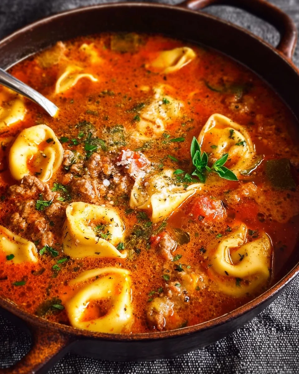 Bowl of Sausage Tortellini Soup with fresh herbs and bread