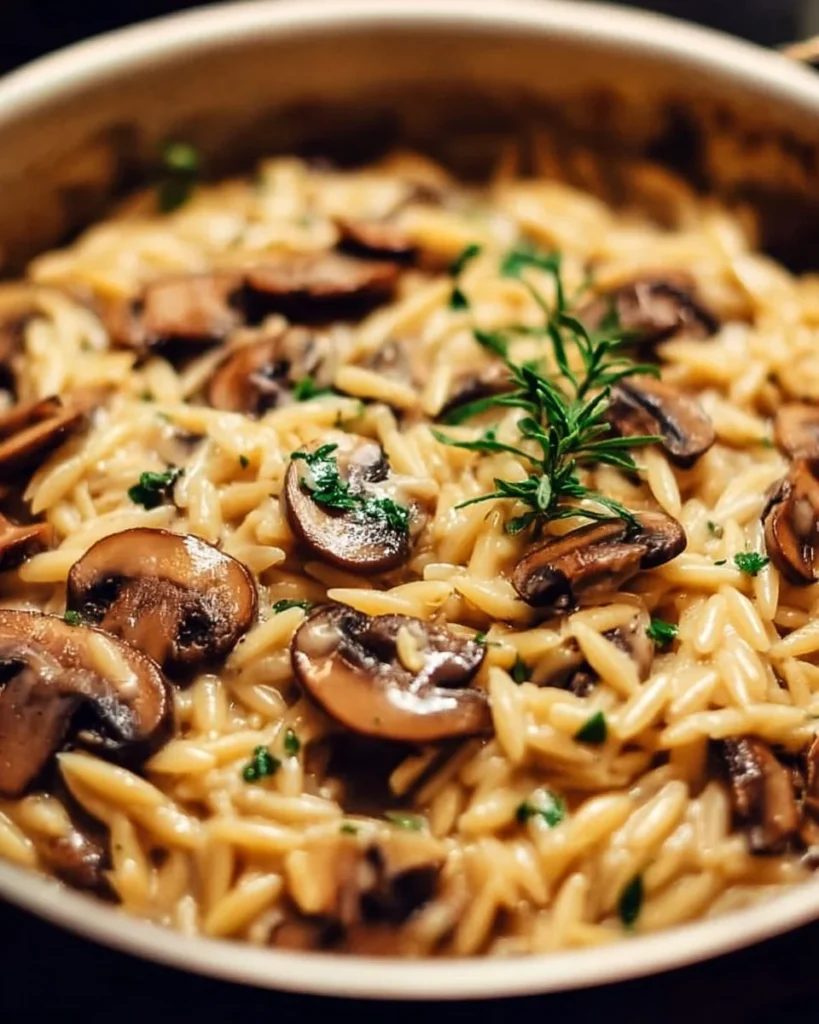 Delicious plate of savory orzo with mushrooms, garnished with herbs.
