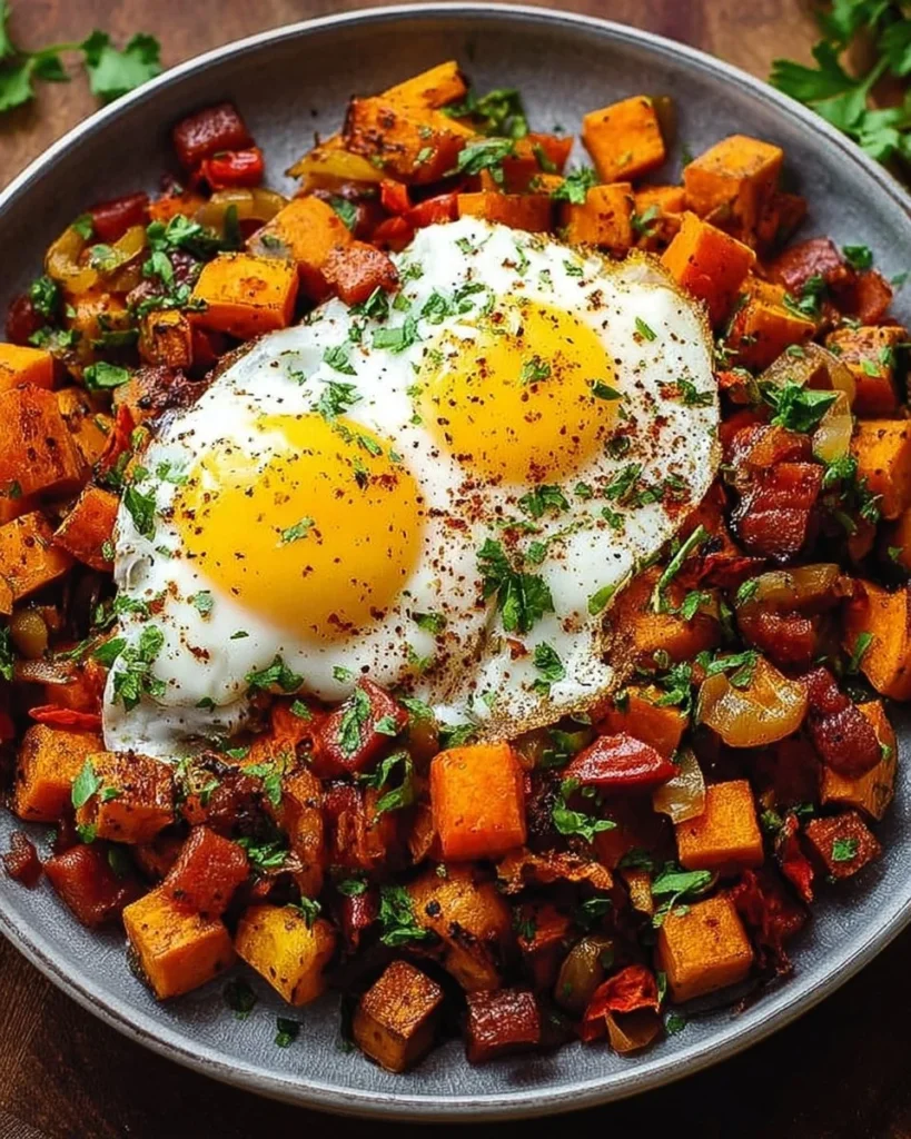 Savory sweet potato breakfast hash with vegetables and spices