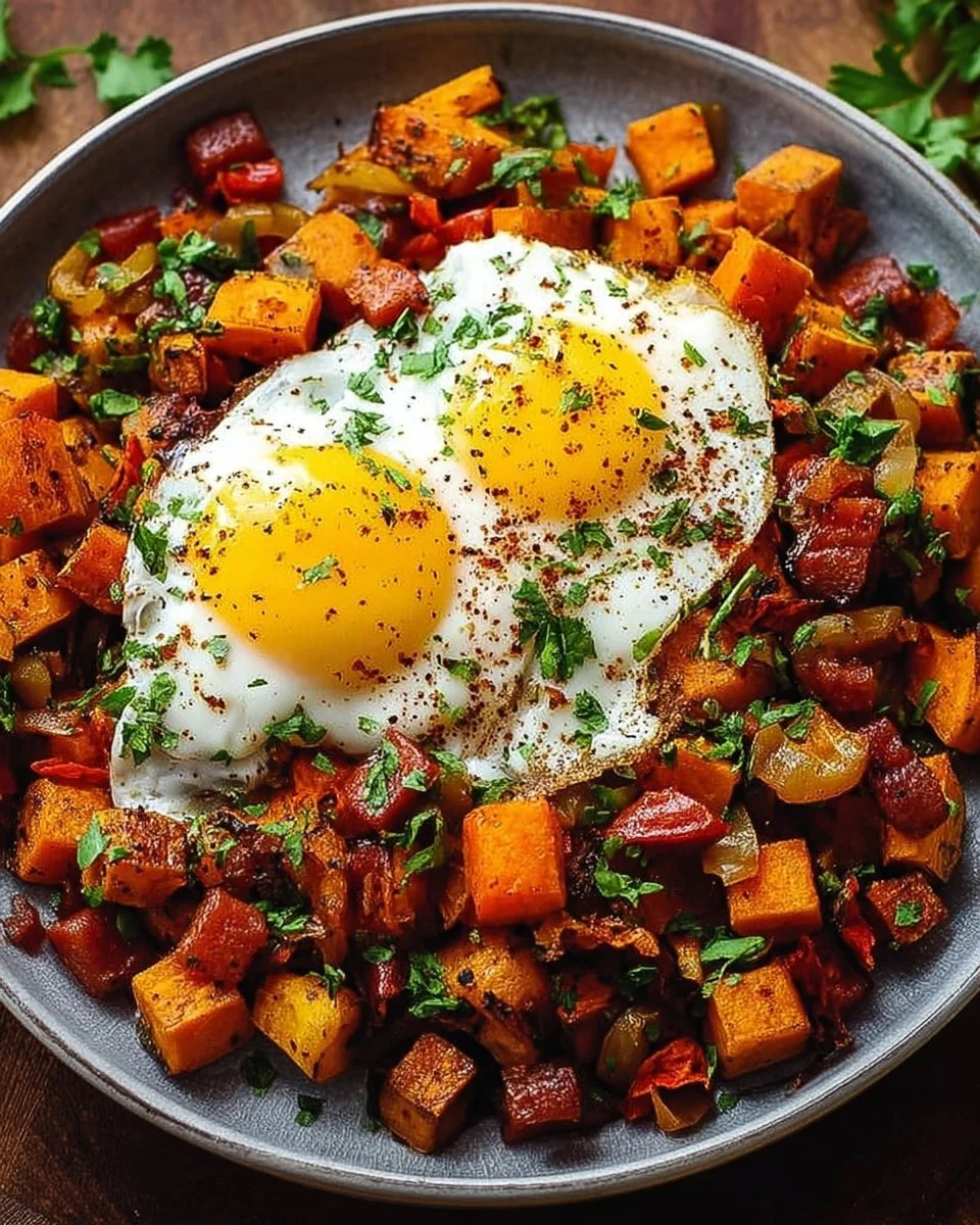 Savory sweet potato breakfast hash with vegetables and spices