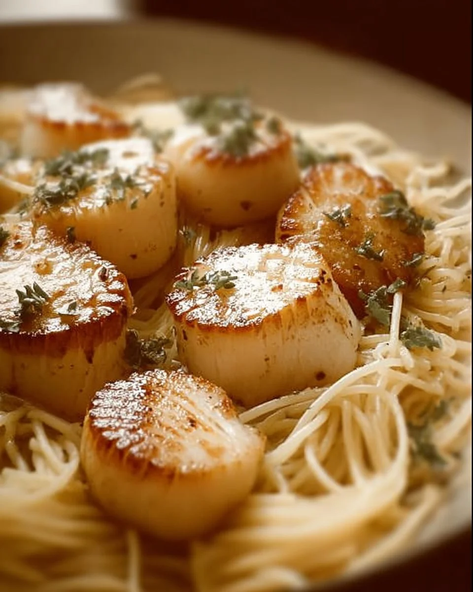 Delicious sea scallops served over angel hair pasta with herbs and spices.