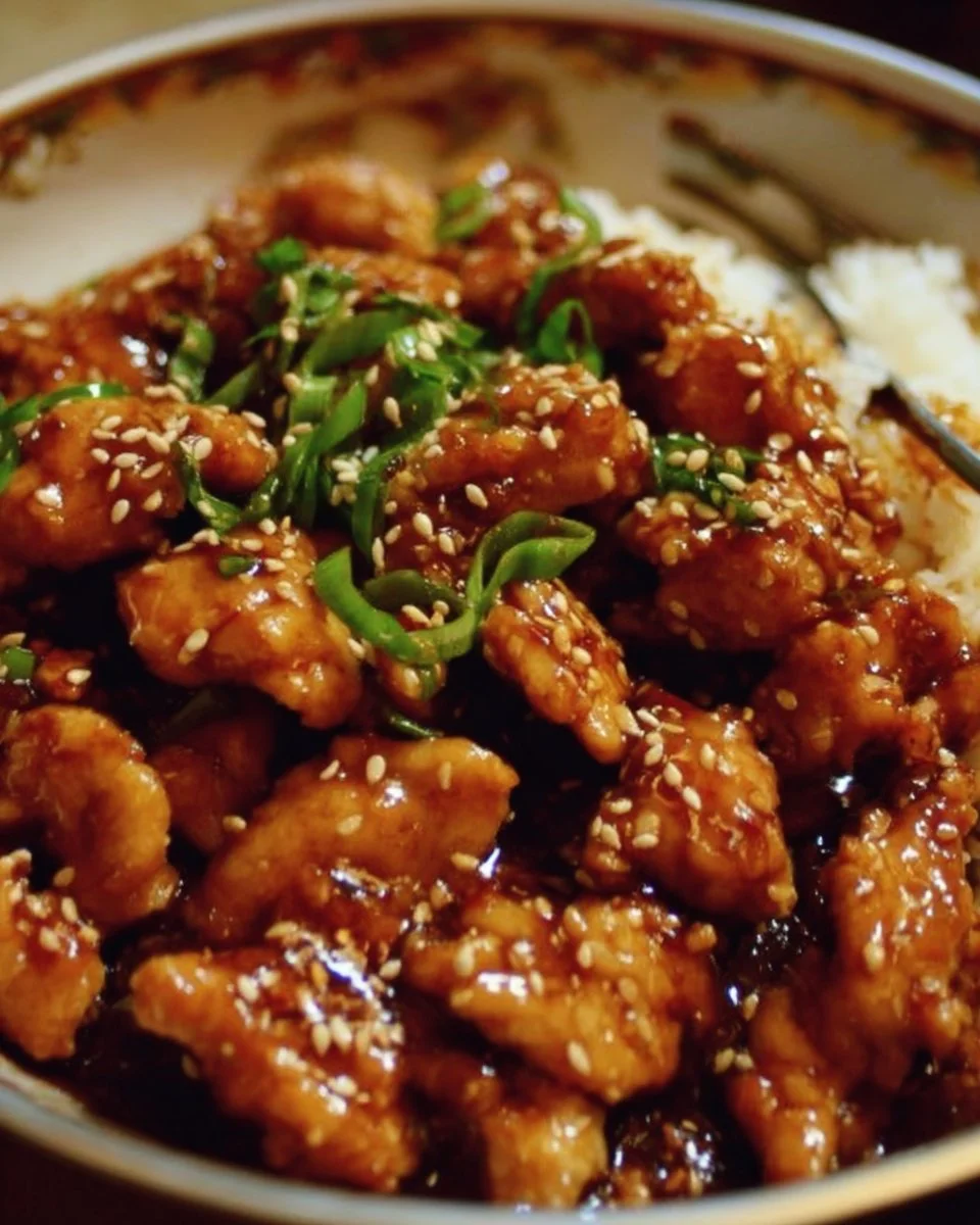 Plate of delicious Sesame Chicken garnished with sesame seeds and vegetables