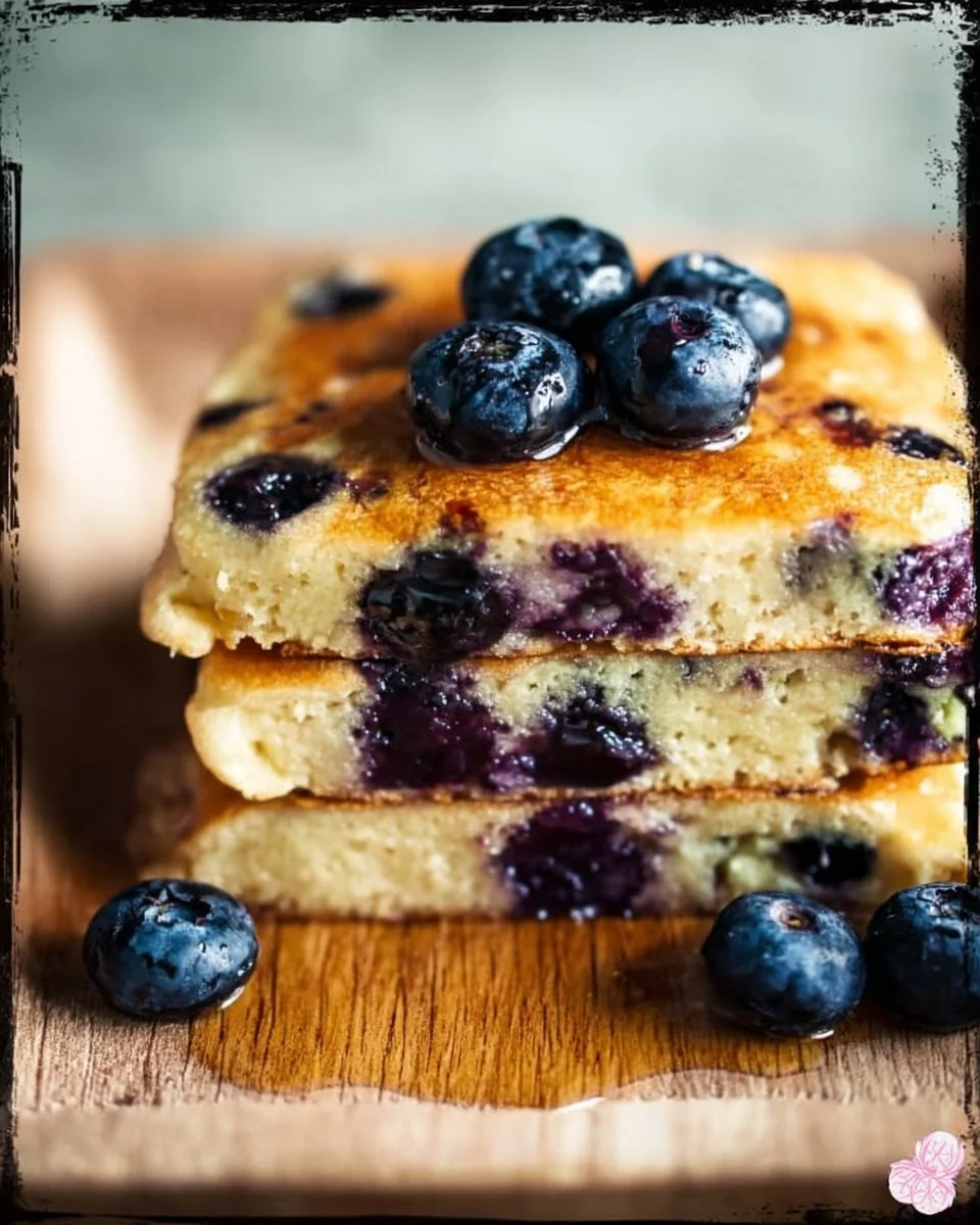 Sheet pan blueberry pancakes topped with fresh blueberries and syrup