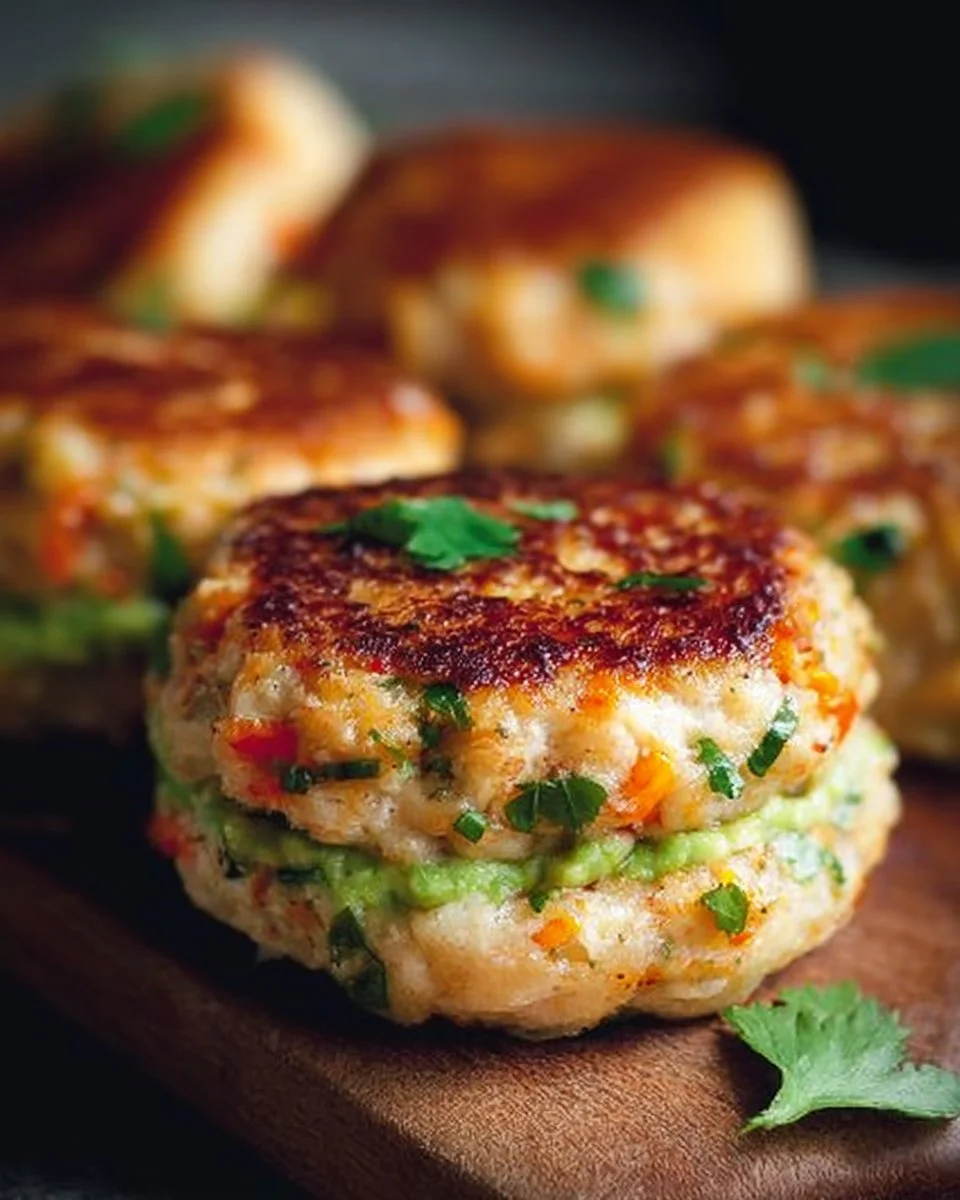 Shrimp burgers topped with cilantro and guacamole on a plate